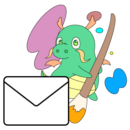 天龍祭のキャラクターであるデフゴンが手紙を持っています。クリックすると問い合わせ先にメールできます。